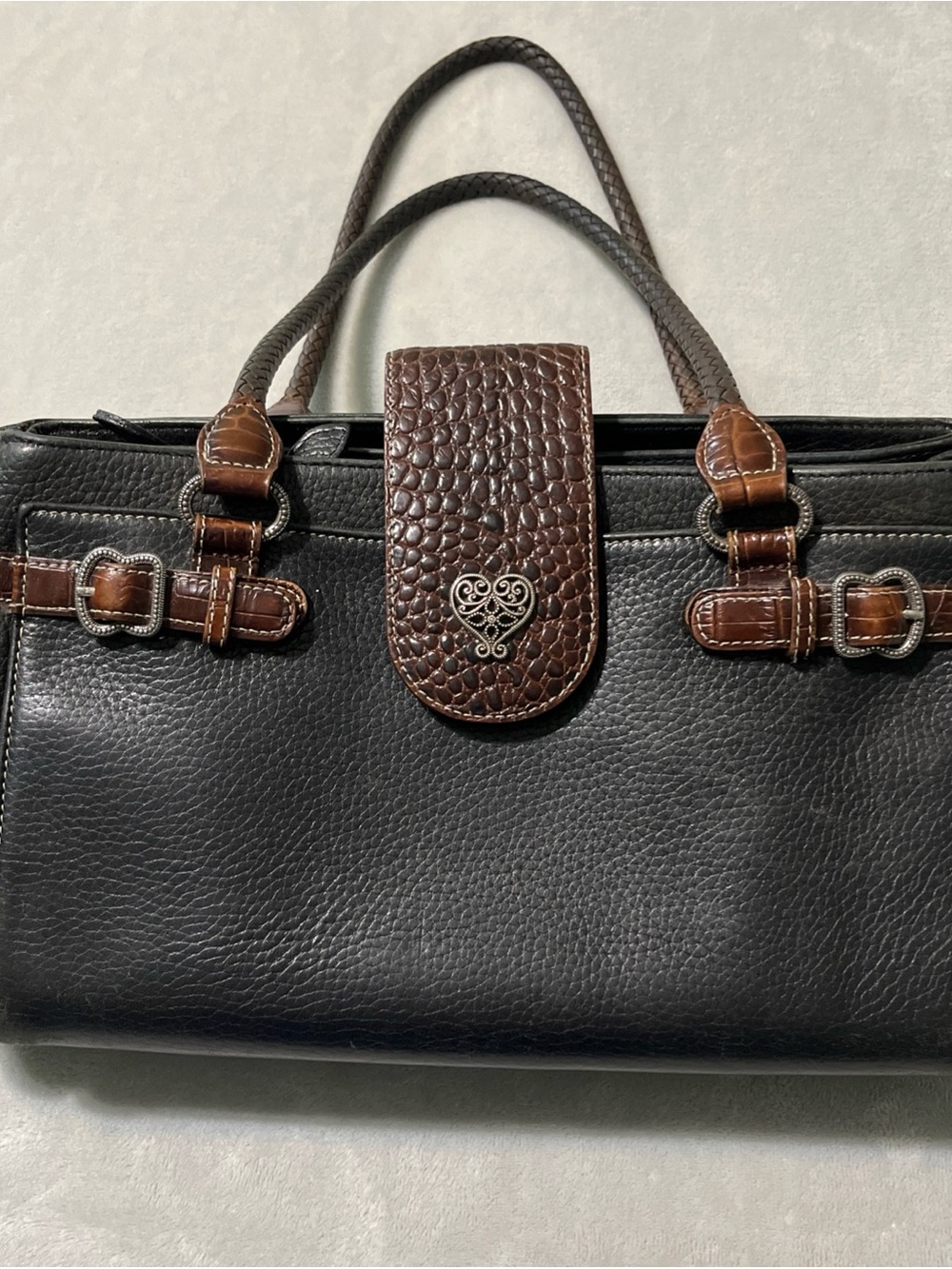 BRIGHTON Laverne Organizer Black Leather and Brown Satchel Bag Top Handle